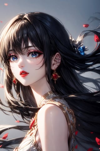 1girl, solo, long hair, looking at viewer, bangs, blue eyes, black hair, jewelry, upper body, flower, earrings, parted lips, makeup, floating hair, lipstick, red lips