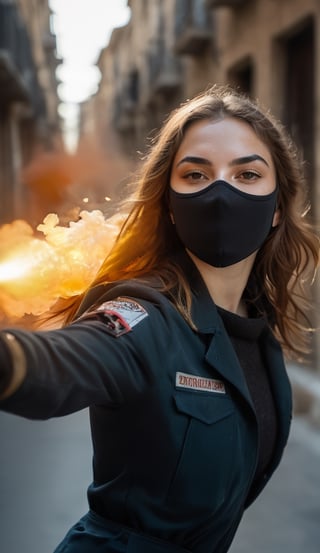 a confdent young female militant (action pose of throwing a Molotovcocktail) in a war_zone, wearing a ski_mask
,god_rays, angry expression, real shadows,  (peach fuzz skin: 0.9 ), photorealistic, detailed shadows and highlights, masterpiece,  (film grain), (highly detailed skin textures), intricate detailed, depth of field, bokeh, highly detailed, ( freckles: 0.2), (beauty marks: 0.2), (pores: 0.3), (real hair: 1.2) High dynamic range, vivid rich details, clear shadows and highlights, intense, enhanced contrast, blurred light background 