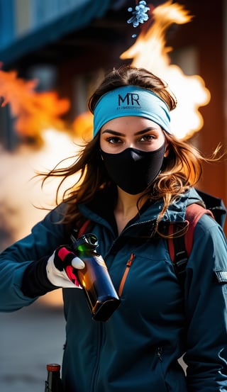 a confdent young female militant (action pose of throwing a Molotovcocktail) in a war_zone, wearing a ski_mask
,god_rays, angry expression, real shadows,  (peach fuzz skin: 0.9 ), photorealistic, detailed shadows and highlights, masterpiece,  (film grain), (highly detailed skin textures), intricate detailed, depth of field, bokeh, highly detailed, ( freckles: 0.2), (beauty marks: 0.2), (pores: 0.3), (real hair: 1.2) High dynamic range, vivid rich details, clear shadows and highlights, intense, enhanced contrast, blurred light background 