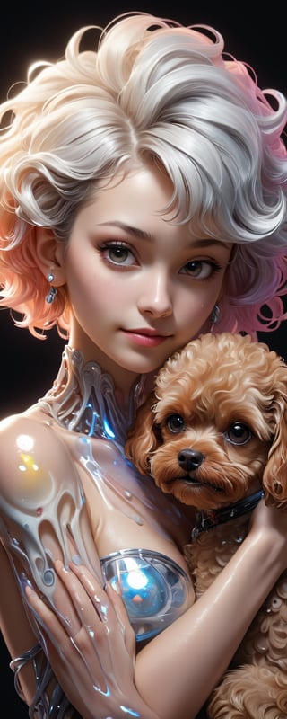 (best quality, masterpiece, highres, ultra-detailed, 8K, RAW image),high details, realisitc detailed,ultra realistic,
a beautiful young woman cuddling a toy-poodle puppy, 23yo, glowing eyes,upperbody photo of a beautiful female figure boasting transparent skin revealing her colorful metal skeleton beneath, inlit by a stark white studio light casting an intricate shadows, eye contact, kind smile, lipgloss, bliss, willowy, chiseled, (perfect anatomy, prefecthand, dress, long fingers, 4 fingers, 1 thumb), dynamic pose,glass shiny style,made of water bubbles,chrometech,surface imperfections,cinematic_warm_color,colorful,