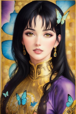 Gustav Klimt painted his new famous artwork of Monica Bellucci (with straight hair) and her beautiful sister, she is very beautiful, the background is colorful with gold intricately detailed colorful single butterfly - watercolor art