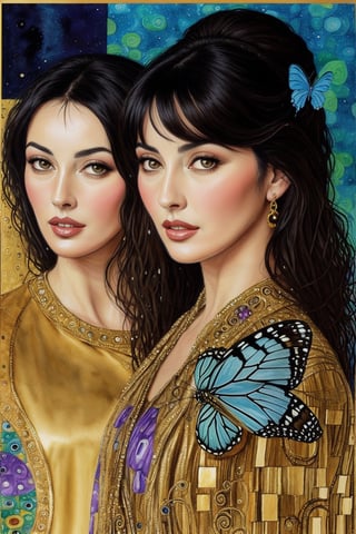 Gustav Klimt painted his new famous artwork of Monica Bellucci (with straight hair) and her beautiful sister, she is very beautiful, the background is colorful with gold intricately detailed colorful single butterfly - watercolor art,REALISTIC