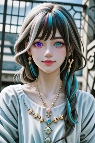 (8k, best quality, masterpiece:1.2),(best realistic quality:1.0), (ultra highres:1.0), RAW photo, a beautiful girl, (heterochromia:1.5), close shot, innocent face, natural make up, beautiful big eyes, deep clear eyes, detailed eyelashes, mesmerizing iris colors, different iris colors, messy hair, shoulder, ,Holy light, sweet smile, smooth lighting,,<lora:659111690174031528:1.0>