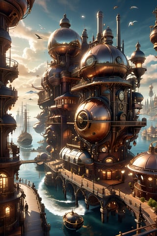  Epic steam punk city looking like maze ot many bridges, sea-side, organic shapes of buildings, squesr and parks, boads and airships in the sky, bird perspecive, The scene is depicted in a steam-punk setting, in an epic digital painting. In the background, a steam-punk city-seaside port. Rich colors brown and gray colors, beautiful gradients and intricate details, glowing shadows, beautiful gradient, depth of field, clear image, high quality, high detail, high resolution, Luminous Studio graphics engine,Renaissance Sci-Fi Fantasy,High Renaissance,Sci-Fi,g1h3r