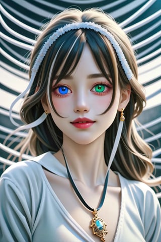 (8k, best quality, masterpiece:1.2),(best realistic quality:1.0), (ultra highres:1.0), RAW photo, a beautiful girl, (heterochromia:1.5), close shot, innocent face, natural make up, beautiful big eyes, deep clear eyes, detailed eyelashes, mesmerizing iris colors, different iris colors, messy hair, shoulder, ,Holy light, sweet smile, smooth lighting,,<lora:659111690174031528:1.0>