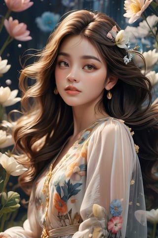 (A girl with a glass-like figure, her hair sparkling with shimmering strands, wears a dress that seems to be made of ethereal plastic. Her complexion is an ethereal white, set off by striking makeup, and she is surrounded by a floral tapestry soaked in soft colors. This creates an atmosphere of dreaminess, with surrealism captured with fine precision, all depicted through 3D and octane rendering techniques), detailed textures, High quality, high resolution, high precision, realism, color correction, proper lighting settings, harmonious composition, Behance works,1 girl,more detail 