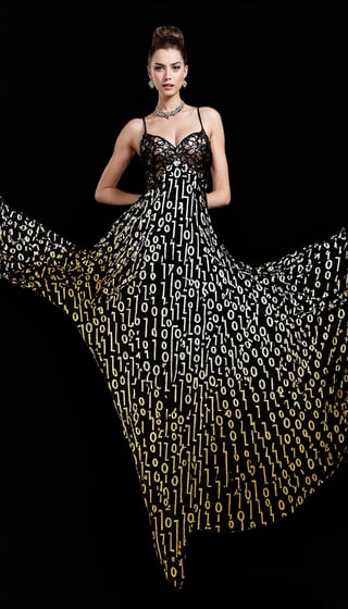 (The Gothic Art Deco biomechanical being, reminiscent of a punk, voodoo or robot goddess shaman, is swathed in soft gold and shimmering silver, shaded with binary code and laser beams, and her figure is partially draped in a twirling obsidian silk dress printed with delicate filigree floral patterns that echo the distinctive style of Gustav Klimt, captured within an environment of reflective holographic mirror panels projected against a vibrant backdrop. The panels divide the surrounding space into highly contrasting angular dots. Her environment is composed of reflective holographic mirror panels that break up the space around her into sharp points of contrast, set against vibrant backdrops.), detailed textures, High quality, high resolution, high precision, realism, color correction, proper lighting settings, harmonious composition, Behance works