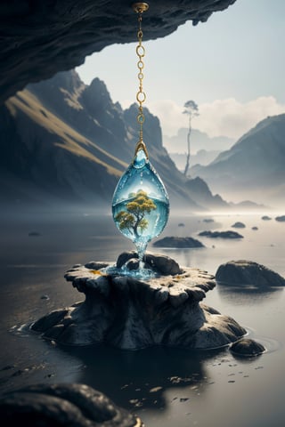 (Landscape miniature in a drop of water, a water drop with it then inside hanging from a tree branch, Beautiful and dreamy digital painting, sf, intricate artwork masterpiece, ominous, matte painting movie poster, golden ratio, trending on cgsociety, intricate, epic, trending on artstation, by artgerm, h. r. giger and beksinski, highly detailed, vibrant, production cinematic character render, ultra high quality model), Detailed Textures, high quality, high resolution, high resolution Accuracy, realism, color correction, Proper lighting settings, low noise, sharp edges, harmonious composition,1 girl