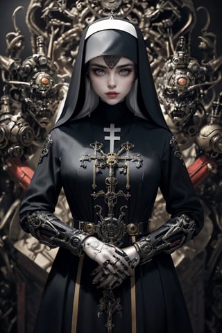 (It depicts a nun with a demonic pale face. This image combines elements of cyborg and steampunk styles, showing a fusion of futuristic and Victorian aesthetics. Her nun's face is adorned with intricate patterns of fantastic folk geometry and rendered in glowing translucent ghostly glass. The colors used in her work are primarily orange and red, with additions of black and gold. Her nun lips are painted in a striking red shade and are very noticeable. Her overall image is reminiscent of Gustav Klimt's paintings. Crafted with vibrant colors and attention to detail. The nun is seen wearing a cassock), Detailed Textures, high quality, high resolution, high Accuracy, realism, color correction, Proper lighting settings, harmonious composition, Behance works,Butcha,photorealistic,g0thsh33rb0dysu1t,MECHA