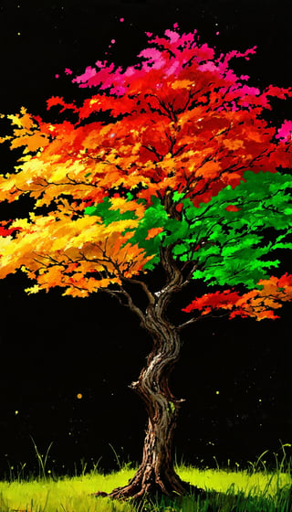 (Capture the solitary tree with its filaments in vivid multicolor hues. Esoteric landscape of Hokusai and Anne Bachelier, An intense, dynamic close-up of a tree fractal creates a cosmic illusion, a spectacle of filament marvels. Splashes of multicolored crimson paint symbolize the void in mycelial nothingness. This is a cosmic journey captured in a dark fantasy photograph, featuring yellow, green, red, orange, translucent, and bright elements, all in high resolution), detailed textures, High quality, high resolution, high precision, realism, color correction, proper lighting settings, harmonious composition, Behance works