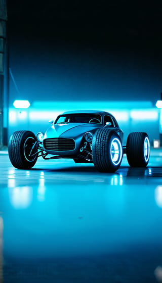 (a 3/4 front view of ((futuristic cyberpunk hotrod zeekars)) (with glowing tires), at the parking lot), Detailed Textures, high quality, high resolution, high Accuracy, realism, color correction, Proper lighting settings, harmonious composition, Behance works