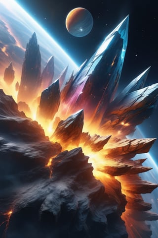 (With high-resolution and clear highest quality images (the images are very original and complex, with a variety of beautiful and vivid colors), this illustration shows the powerful processing of perfect forge formations and beautiful shining planet formations. Capturing. The backdrop for this masterpiece is nothing short of majestic and magnificent. Interstellar medium, shows a scene with lightning, super high quality), detailed textures, high quality, high resolution, high Accuracy, realism, color correction, Proper lighting settings, harmonious composition, Behance works,shards,glass shiny style,glass