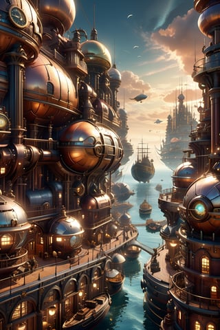  Epic steam punk city looking like maze ot many bridges, sea-side, organic shapes of buildings, squesr and parks, boads and airships in the sky, bird perspecive, The scene is depicted in a steam-punk setting, in an epic digital painting. In the background, a steam-punk city-seaside port. Rich colors brown and gray colors, beautiful gradients and intricate details, glowing shadows, beautiful gradient, depth of field, clear image, high quality, high detail, high resolution, Luminous Studio graphics engine,Renaissance Sci-Fi Fantasy,High Renaissance,Sci-Fi,g1h3r