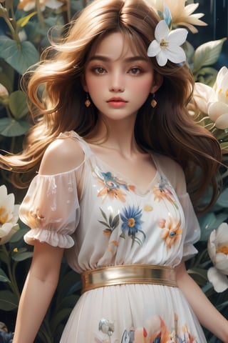 (A girl with a glass-like figure, her hair sparkling with shimmering strands, wears a dress that seems to be made of ethereal plastic. Her complexion is an ethereal white, set off by striking makeup, and she is surrounded by a floral tapestry soaked in soft colors. This creates an atmosphere of dreaminess, with surrealism captured with fine precision, all depicted through 3D and octane rendering techniques), detailed textures, High quality, high resolution, high precision, realism, color correction, proper lighting settings, harmonious composition, Behance works,1 girl,more detail 