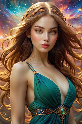 ((CELTS), celts, A stunningly ethereal woman captivates the viewer with her enchanting gaze and graceful presence. Her facial features are exquisitely beautiful, adorned with delicate lines and symmetrical proportions that evoke a sense of enchantment. Flowing locks of long hair cascade down, gently swaying as if stirred by the wind. The image, perhaps a digital painting, showcases intricate fractal isometrics details that form an otherworldly backdrop, resembling the mystifying beauty of a nebula galaxy. A colorful gradient permeates the scene, weaving vibrant hues that replicate the cosmic dance of celestial bodies. The expert use of volume rendering brings a lifelike three-dimensionality to the artwork, creating a visually immersive experience. This high-quality image captures the essence of sublime feminine beauty and celestial splendor with unparalleled artistry.), Detailed Textures, high quality, high resolution, high Accuracy, realism, color correction, Proper lighting settings, harmonious composition, Behance works,xxmix_girl,aesthetic portrait