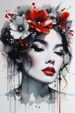(This cinematic masterpiece is crafted using a mixed media technique, merging oil painting, pen and ink, and alcohol ink on a flawless white canvas. It showcases a double exposure method, culminating in a highly detailed depiction of a sophisticated woman with vivid red lips, encircled by a halo of finely illustrated flowers. The artwork fuses calligraphy and script lettering, with bold brushstrokes harmonizing with palette-knife applications, smears, and deliberate drips and drops, resulting in a distinctive and mesmerizing visual experience, reminiscent of the styles of Gabriele Dell'Otto and Bob Peak, with vibrant, saturated colors and watercolor effects), detailed textures, High quality, high resolution, high precision, realism, color correction, proper lighting settings, harmonious composition, Behance works,DonMM1y4XL