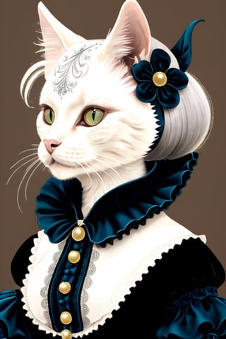 (A fusion of the noble fashions of Renaissance Europe and modern Gothic Lolita costumes, the cat wears intricate ruffled collars, embroidered velvet garments, and lace accessories. It embodies both elegance and modern gothic charm, creating a unique and surreal aesthetic.Cat themed cats, renaissance backgrounds), detailed textures, high quality, high resolution, high precision, Realism, color correction, proper lighting settings, harmonious composition, Behance work