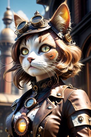 (City Cat Girl, Sunlight, Outdoors, Buildings, Ray Tracing, Reflected Light, Full Color, Intricate Detail, Super Detail, High Level of Detail, Top Quality, Abstract, Complex Complexity, Photorealistic, Steampunk Style), Detailed Textures, high quality, high resolution, high Accuracy, realism, color correction, Proper lighting settings, harmonious composition, Behance works,HZ Steampunk