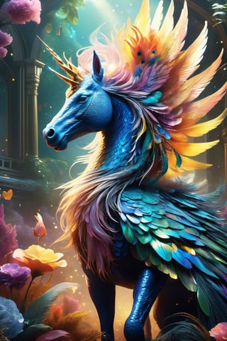 (A fantastical mix of a unicorn, dragon, and peacock, this enchanted chimera is a vision of ethereal beauty in a surreal, high fashion photograph. Its majestic horn, shimmering scales, and iridescent feathers create a mesmerizing composition that transcends reality. The image is expertly captured with rich colors and intricate details, showcasing the intricate craftsmanship and artistic vision behind the creation. The scene exudes a sense of otherworldly elegance and grace, inviting viewers to get lost in its enchanting allure.), Detailed Textures, high quality, high resolution, high Accuracy, realism, color correction, Proper lighting settings, harmonious composition, Behance works,shards,glass,DonM3l3m3nt4lXL