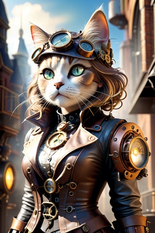 (City Cat Girl, Sunlight, Outdoors, Buildings, Ray Tracing, Reflected Light, Full Color, Intricate Detail, Super Detail, High Level of Detail, Top Quality, Abstract, Complex Complexity, Photorealistic, Steampunk Style), Detailed Textures, high quality, high resolution, high Accuracy, realism, color correction, Proper lighting settings, harmonious composition, Behance works,HZ Steampunk
