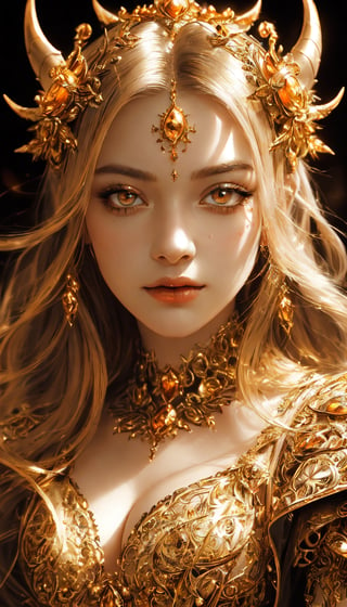 (The image portrays the face of a woman adorned in demon attire, rendered in shades of light gray and light gold. It's a vibrant illustration with intricate sculpting and hyper-realistic detail. The portrait, set in a palette of white and amber, embodies the queencore aesthetic, capturing a wide spectrum of colors. The artwork is dramatic, dynamic, and cinematic, with sharp details and a quality, resolution, and detail that are nothing short of insane. It is a masterpiece at 32k resolution), Detailed Textures, high quality, high resolution, high Accuracy, realism, color correction, Proper lighting settings, harmonious composition, Behance works,1 girl,Detailedface