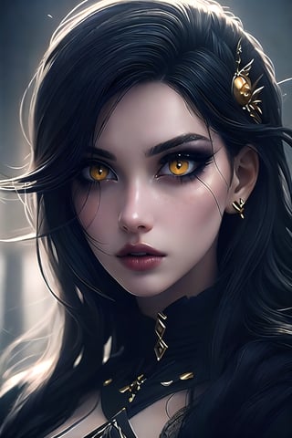 (white porcelain gothic woman upper body portrait, A girl alone, with long black hair, gazes at the viewer. Her yellow eyes are striking, lips slightly parted. She wears a hair ornament, and her makeup accentuates her eyelashes and the realistic portrayal of her features in this portrait), detailed textures, High quality, high resolution, high precision, realism, color correction, proper lighting settings, harmonious composition, Behance works,more detail, less detail,DarkTheme,GothGal,Niji