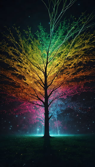 (Capture the solitary tree with its filaments in vivid multicolor hues. An intense, dynamic close-up of a tree fractal creates a cosmic illusion, a spectacle of filament marvels. Splashes of multicolored crimson paint symbolize the void in mycelial nothingness. This is a cosmic journey captured in a dark fantasy photograph, featuring yellow, green, red, orange, translucent, and bright elements, all in high resolution), Detailed Textures, high quality, high resolution, high Accuracy, realism, color correction, Proper lighting settings, harmonious composition, Behance work,FFIXBG