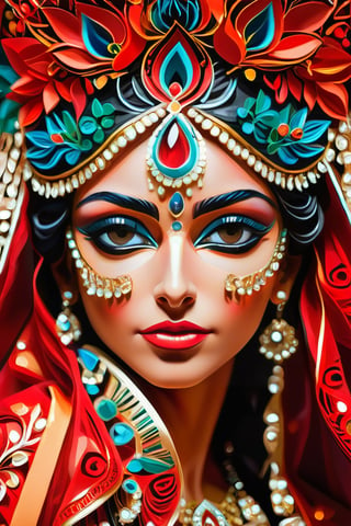 (A beautiful exotic Indian girl hiding face with bridal dupatta. Only showing eyes. She has applied mascarra on her eyes. Her dress is red.), Detailed Textures, high quality, high resolution, high Accuracy, realism, color correction, Proper lighting settings, harmonious composition, Behance works,more detail XL,kirigami