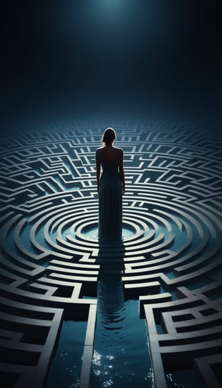 (In this minimalist yet dramatic digital illustration, a solitary beautiful woman stands at the center of a stark water maze. The woman's silhouette stands out against the surrounding darkness, creating a powerful visual that encapsulates both the loneliness and introspection found within a complex maze), Detailed Textures, high quality, high resolution, high Accuracy, realism, color correction, Proper lighting settings, harmonious composition, Behance works,Cinematic,IMGFIX,ct-jeniiii