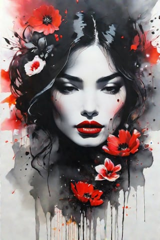 (This cinematic masterpiece is crafted using a mixed media technique, merging oil painting, pen and ink, and alcohol ink on a flawless white canvas. It showcases a double exposure method, culminating in a highly detailed depiction of a sophisticated woman with vivid red lips, encircled by a halo of finely illustrated flowers. The artwork fuses calligraphy and script lettering, with bold brushstrokes harmonizing with palette-knife applications, smears, and deliberate drips and drops, resulting in a distinctive and mesmerizing visual experience, reminiscent of the styles of Gabriele Dell'Otto and Bob Peak, with vibrant, saturated colors and watercolor effects), detailed textures, High quality, high resolution, high precision, realism, color correction, proper lighting settings, harmonious composition, Behance works,DonMM1y4XL