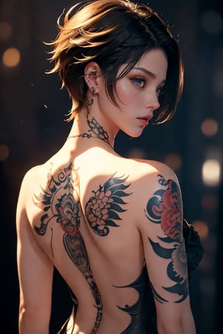 (With the theme of "Genshin & Tattoos", a beautiful back depicting an amazingly beautiful short-haired woman, high artistry with studio lighting, vivid colors, and deep depth of field), Detailed Textures, high quality, high resolution, high resolution Accuracy, realism, color correction, Proper lighting settings, low noise, sharp edges, harmonious composition,1 girl