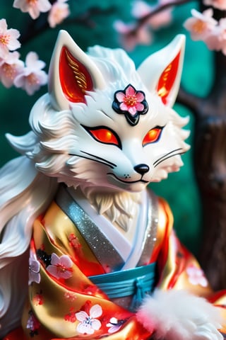 (In a stunningly vibrant array of colors, a divine majestic kitsune with shimmering silver fur and eyes that sparkle like stars gazes serenely ahead in a pop color photograph. The image captures the kitsune in a tranquil pose, surrounded by blooming cherry blossoms in a serene forest setting. The details are immaculately rendered, showcasing the kitsune's elegant nine tails and ethereal aura in exquisite detail. This high-quality photograph truly brings the mythical creature to life, captivating viewers with its beauty and allure), Detailed Textures, high quality, high resolution, high Accuracy, realism, color correction, Proper lighting settings, harmonious composition, Behance works,greg rutkowski,APEX SUPER REAL FACE XL ,DarkPheonix