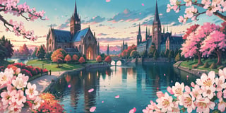 Cardcaptor Sakura and Syaoran Li together, best quality, masterpiece, extremely detailed, 1girl and 1boy, black gothic outfits, closed mouth, smile, looking at viewer, lake landscape, day time, clear and clean sky, fall season, cherry blossom, cherry blossom petals, red leaves, black Gothic cathedral, hyper detailed background, fantasy atmosphere, magic, fanciful.,(best quality