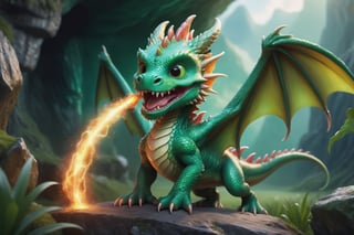 photo r3al, high quality, professional photography, 8k, ultra realistic, detailed skin, cute emerald dragon spitting fire into air from its mouth on a field, on background is entrance to emerald cave,cute dragon