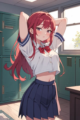 (SaltBaeMeme), by oda non by yogisya, a very skinny girl, red head, sexy school uniform,  arms above head,indoors, locker room, detailed background, twilight, intimacy, soft lighting, masterpiece, best quality, high quality, highres, absurdres, very detailed, high resolution, sharp, sharp image, 8k, vivid, colorful, stunning, anime, aesthetic,skinny, ,Ribs,Skinny