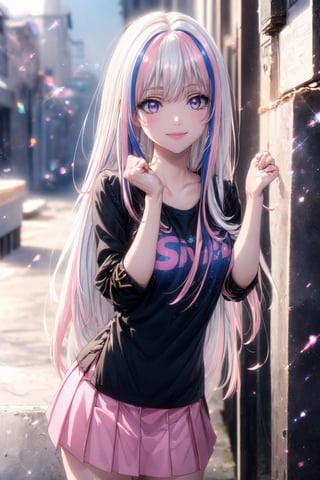 ((Top quality, masterpiece, best quality, super detailed, high resolution, HDR, Unity 16K wallpaper, high resolution CG, beautiful details, depth, fine grain, super fine, vivid)), Epic Seven style, detailed face, detailed eyes, dark dark grey eyes, Blake, glowing hair, (white hair, inner hair pink), (inner hair pink), super long hair, gradient hair color, ((two-tone hair color 1.5)), Blake, high resolution hair, cutely arranged long hair, (best smile), accessories, ((casual cute outfit)), Blake, cute mini skirt, (stocking details)), medium bust, Blake, ((cute pose change)), very bright colors, light particles, orange particles, close-up, cityscape, miracle shot, extra details, two-tone hair