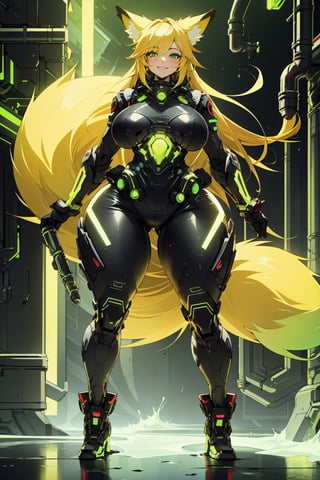 masterpiece, best quality, highres, edrinktech, scifi, energy drink, fluid pipes, florescent fluid, 1girl, solo, standing, looking at viewer, curvy body, large breasts, yellow hair, long hair, fox ears, fox tail, smile, green eyes