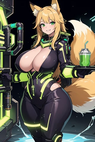 masterpiece, best quality, highres, edrinktech, scifi, energy drink, fluid pipes, florescent fluid, 1girl, solo, standing, looking at viewer, curvy body, large breasts, yellow hair, long hair, fox ears, fox tail, smile, green eyes