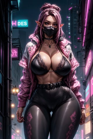 masterpiece, detailed, 1girl, studio light, stylish background, huge breasts, long_hair, (lacy bikini), detailed eyes, seductive_pose, choker, necklace, (dark hair), pointy ears, style, leggings, jacket, belt,shortstack, detailed background,b1mb0,narrow waist, cyberpunk, buildings, lights, neon signs, (pink hair), metal panties, metal face mask, metal hips, augmented body, sagging breasts