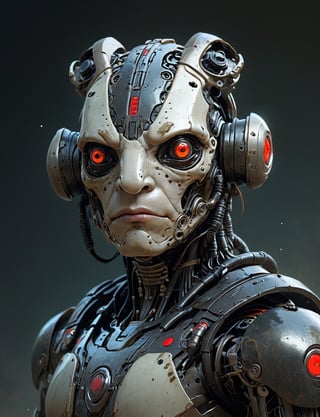A male, (cybernetic robot:3), biomechanical, (frog:3) , wearing intricate necromancer armor . red eyes, Best quality rendering, serious face expression. Dark night,cinematic lighting,dark art ,Fog, head and shoulders portrait , hyper-detailed oil painting, art by Greg Rutkowski and (Norman Rockwell:1.5) , illustration style, symmetry , sci-fi interior setting , huayu