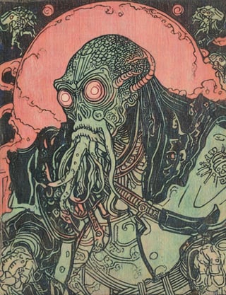 (head and shoulders portrait:1.2), (anthropomorphic Cthulhu :1.3) as a warrior, zorro mask, holographic glowing eyes, wearing sci-fi outfit , surreal fantasy, close-up view, chiaroscuro lighting, no frame, hard light,Ukiyo-e