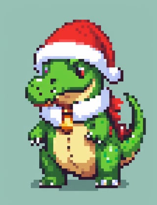 A cute dinosaur wearing Santa hat, close up, pixel art, PixArFK, ,Pixel Art