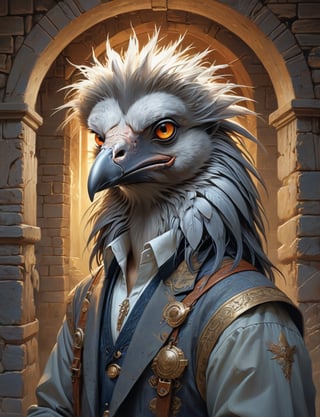 creative magic creature art, anthropomorphic creature fusion ( shoebill :1.6) (porcupine :1.8), female, prominent eyelashes, (bioluminescence :2), wearing business blouse , glowing eyes, head and shoulders portrait , hyper-detailed oil painting, art by Greg Rutkowski and (Norman Rockwell:1.5) , illustration style, symmetry , inside a medieval dungeon, cracked stone walls , huayu