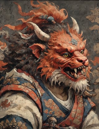 (close up, head and shoulders portrait:1.3), anthromorphic ( manticore :1.6), oni_horns, samurai , samurai armor , brown, tangerine, sapphire , white and black color scheme , (dark background:1.2), Ukiyo-e,ink,colorful,shogun