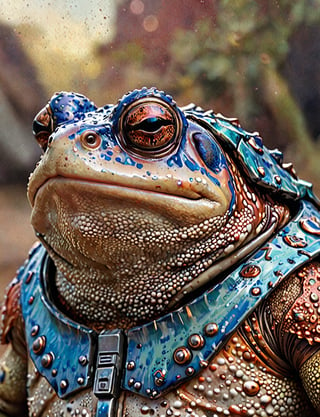 (close up, head and shoulders portrait:1.3), (anthromorphic toad:1.6), wearing sci-fi polycarbonate armor , "The overall effect is a blend of impressionism and abstraction, creating a rich, immersive setting. The scene should feature a realist selective focus on main subject. In contrast, the background should transition into an abstract, painterly environment. The atmosphere should be hazy and diffuse, contributing to an ethereal and somewhat dystopian feel. Background impressionistic style to emphasize mood and atmosphere over detailed realism. The colors in the background include shades of rich, vibrant hues with dramatic contrasts, featuring deep, earthy tones and vivid highlights, blending seamlessly with cooler hues like blues and greys. Use muted accents like rusty orange-yellows, and rusty teals to highlight tiny areas and add visual interest. Use this blend of subdued and bold colors to emphasize the gritty nature of the scene."