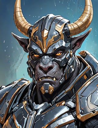 (head and shoulders portrait:1.2), Sci-Fi. (anthropomorphic Minotaur:1.3), athletic build, wearing futuristic and highly cybernetic black armor. Inspired by the art of Destiny 2 and the style of Guardians of the Galaxy,art_booster