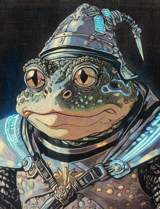 (head and shoulders portrait:1.2), (anthropomorphic toad:1.3) as a warrior, zorro mask, holographic glowing eyes, wearing sci-fi outfit , surreal fantasy, close-up view, chiaroscuro lighting, no frame, hard light,Ukiyo-e