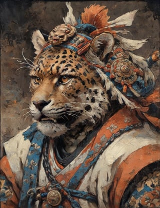 (close up, head and shoulders portrait:1.3), anthromorphic ( jaguar :1.6), oni_horns, samurai , samurai armor , brown, tangerine, sapphire , white and black color scheme , (dark background:1.2), Ukiyo-e,ink,colorful,shogun