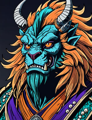 (close up, head and shoulders portrait:1.5), orange, teal, blue, violet gradient , (anthromorphic manticore :1.5), samurai wearing samurai armor, (strong outline sketch style:1.5), symmetrical features, gritty fantasy, (darkest dungeon art style :1.4), dark muted background, detailed,one_piece_wano_style