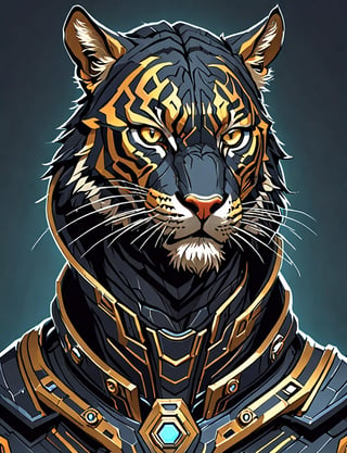 (head and shoulders portrait:1.2), Sci-Fi. (anthropomorphic tiger displacer beast:1.3), athletic build. hooded, wearing futuristic and highly cybernetic black armor. Inspired by the art of Destiny 2 and the style of Guardians of the Galaxy
,Flat vector art
